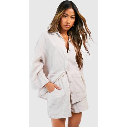boohoo Dames Textured Lightweight Cotton Elasticated Waist Shorts | Natural | Maat: 42