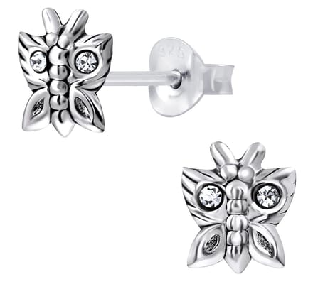 Joy|S - Zilveren vlinder oorbellen - geoxideerd - kristal - 7 x 8 mm