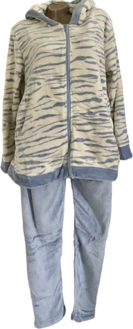Dames fleece huispak/pyjama met zakken rits en capuchon S/M 36-38 blauw wit