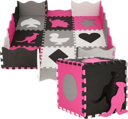 Springos Speelmat | Speelmat Foam | Puzzelmat | Figuren | 9 puzzelstukken | 120 x 120 cm | Roze/Grijs/Zwart/Wit