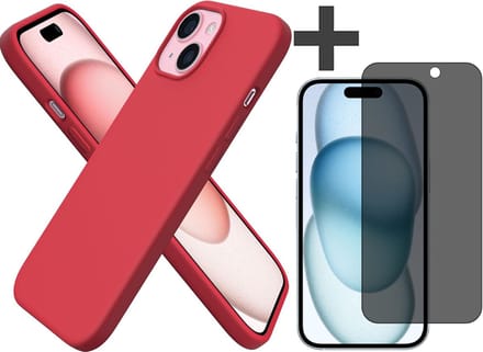 Hoesje met Privacy Screenprotector Geschikt voor iPhone 15 Plus Hoesje Siliconen - liquid case - Arara Backcover - Rood