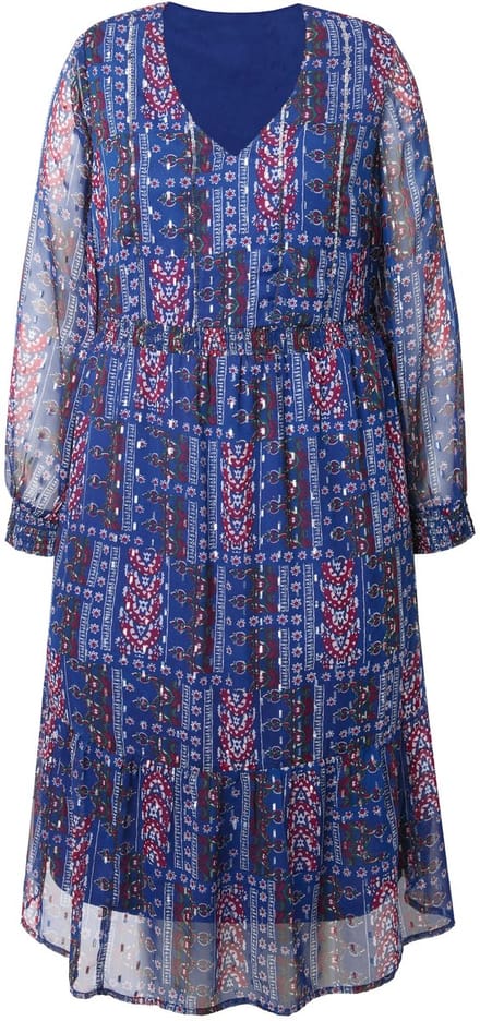 Studio Untold - Dames - Chiffon midi-jurk patchprint met glitters zoomvolant - Navy - Maat 42+