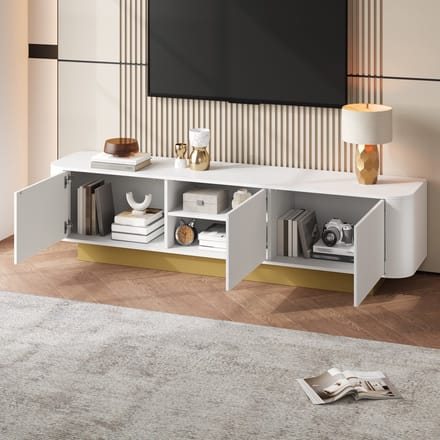 Moderne tv-meubel met opbergruimte - afgerond design - kabelbeheer - textuurpaneel - wit