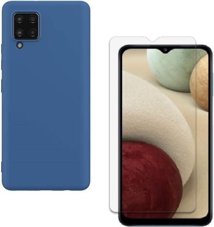 Solid hoesje Geschikt voor: Samsung Galaxy A12 Soft Touch Liquid Silicone Flexible TPU Rubber - Blauw Azuur  + 1X Screenprotector Tempered Glass