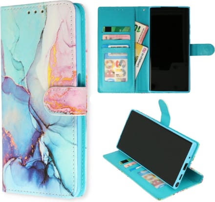 Cityhoesje-iPhone 15 Pro Max – Bookcase- Marmer Roze Blauw