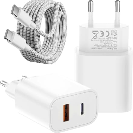 2-in-1 usb-C Power Adapter + usb-C naar usb-C Kabel - 3 Meter - Snellader usb-C + usb-A - 2 Poorten Oplader