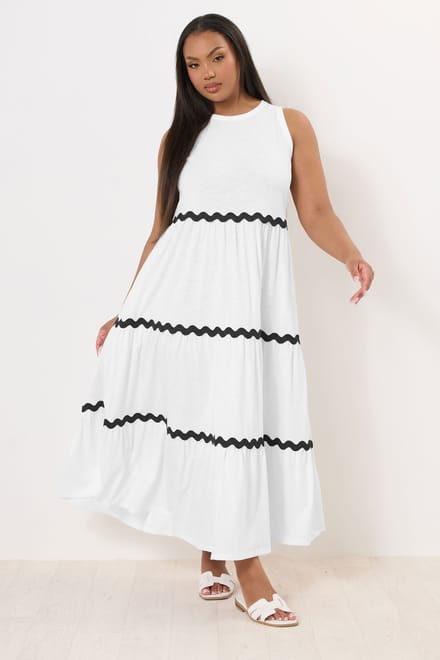 Yours Maxi Jurk Zonder Mouwen Met Contrasterende Wervelrand In Wit Size 48