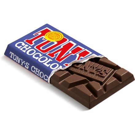Chocolade Tony's Chocolonely donkere melk pretzel toffee reep 90 gram