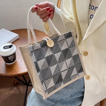 Ruit Canvas Handvat Jute Tas Modieuze Handheld Lunchbox Lunchtas Ins Student Kleine Schoudertas Dames gray