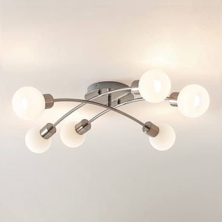 Lindby - plafondlamp - 6lichts - Ijzer, glas - H: 18 cm - E14 - nikkel satijn, wit