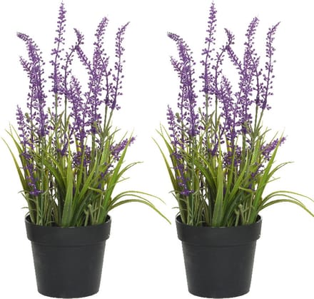 Everlands Lavendel kunstplant in pot - 2x - fuchsia paars - D15 x H30 cm