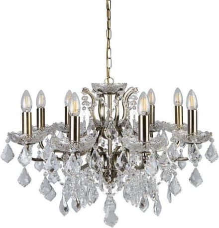 PARIS 8LT CHANDELIER, CLEAR CRYSTAL DROPS & TRIM, ANTIQUE BRASS