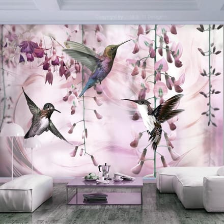 Fotobehang - Flying Hummingbirds (Pink)
