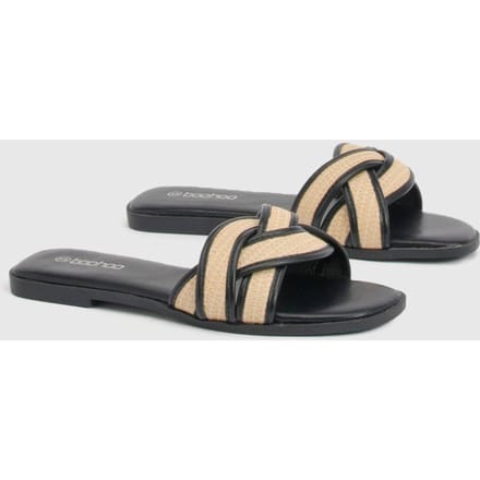 boohoo Dames Raffia Contrast Crossover Detail Slippers | Zwart | Maat: 37