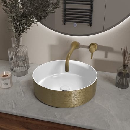 Wiesbaden Mondri Waskom Rond 36 x 36 x 12 cm - Glans Wit / Geborsteld Goud