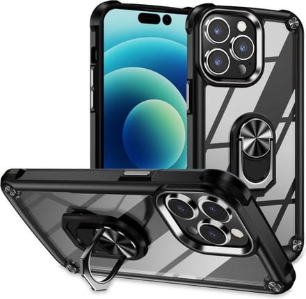 Geschikt voor Apple iPhone 15 Pro Hoesje met Magnetische Kickstand Ring Zwart