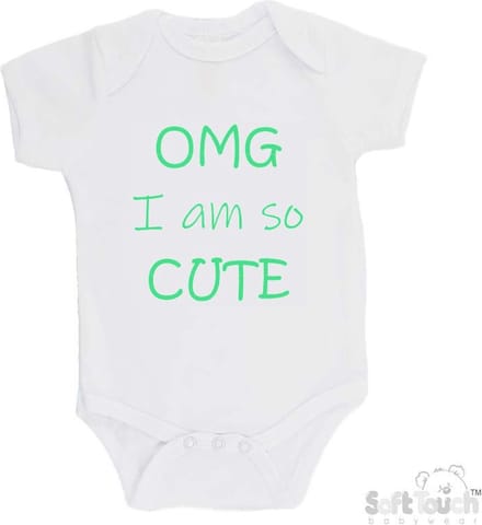 100% katoenen Romper "OMG I am so CUTE" Unisex Katoen Wit/mint Maat 62/68