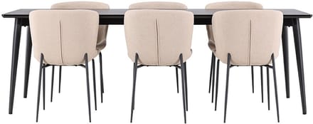 Ellis eethoek tafel 85x230cm en 6 bouclé stoelen zwart.