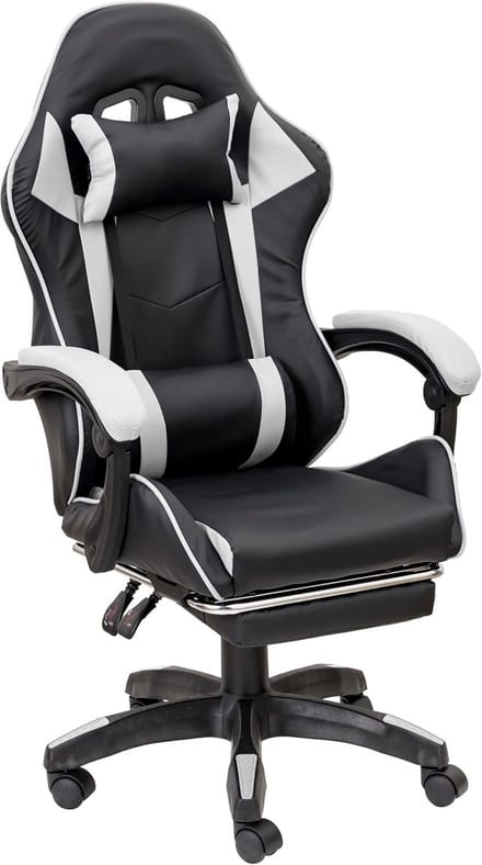 Ergonomische Gaming en Bureaustoel met Verstelbare Hoogte, Kantelbare Rugleuning en Voetensteun Wit