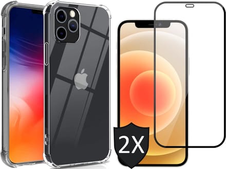 Hoesje geschikt voor iPhone 12 Pro Max en Screenprotector - Transparant Siliconen Shockproof Case + 2x Screen Protector Glas Full