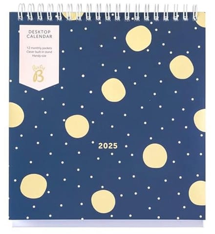 Bureaukalender 2025 - A5 Jaarplanner met Ingebouwde Standaard en Flip-Top Binding - Marine & Gouden Vlek