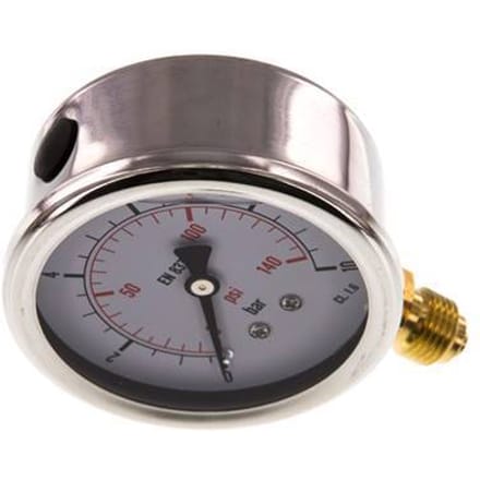 0..10 Bar Glycerine Manometer Onderaansluiting RVS/Messing 63 mm Klasse 1.6 - ML01063SVG
