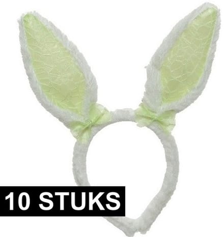 Decoris Konijnoren Diadeem wit groen - 10x - Verkleedaccessoire - Polyester - Unisex - 21,5x24 cm