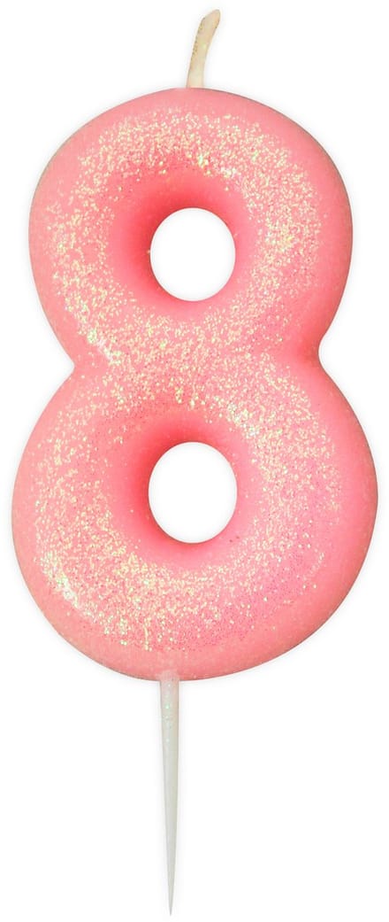 ANNIVERSARY HOUSE - Roze iriserende cijfer 8 verjaardagskaars 9 cm met glitters