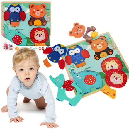 HOUTEN kinderpuzzel, GROTE educatieve puzzel, 4 dieren PUZZELS 8m+ Bam Bam