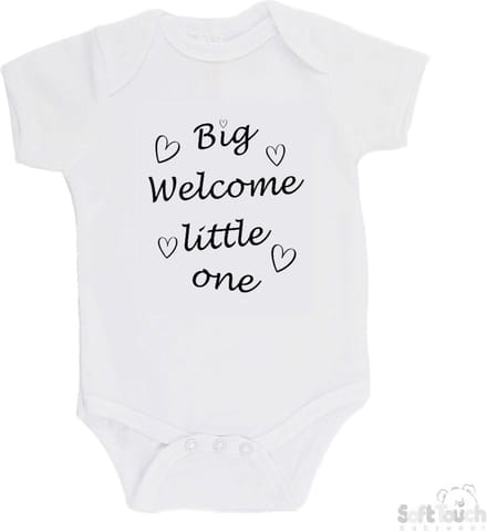Soft Touch Romper "Big welcome little one" Unisex Katoen Wit/zwart Maat 56/62