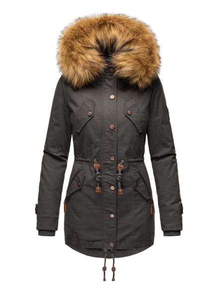 Marikoo dames winterjas met afneembare imitatiebontkraag & taillekoord