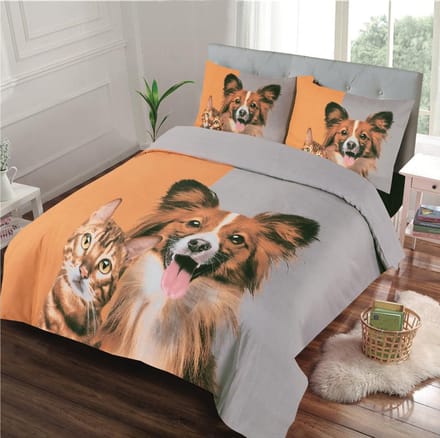 Dekbedovertrek -Hond en kat-Tweepersoons-200x200/220-cm + 2 kussenslopen 60x70cm