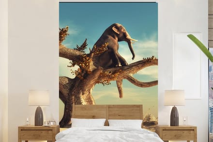 Behang - Fotobehang Olifant - Boom - Natuur - Woestijn - Breedte 145 cm x hoogte 220 cm
