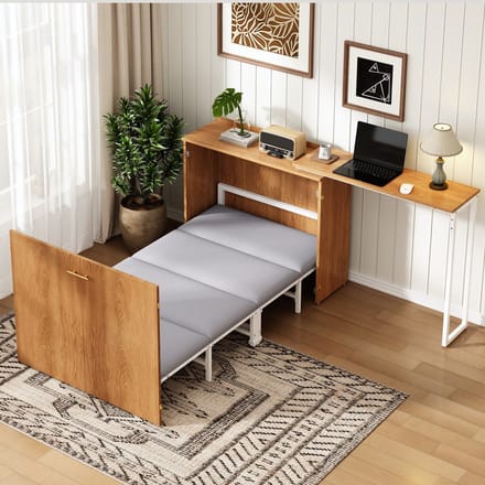 Sweiko Opklapbed - 90 x 200 cm - Inclusief draaibare bureau - Met matras - Bruin