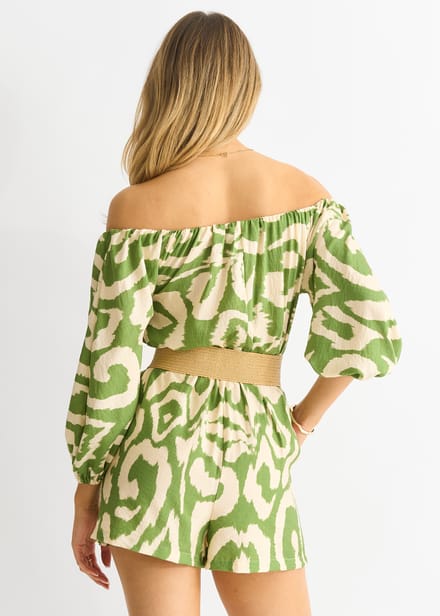 Groen Abstract Bardot Viscose Playsuit met ceintuur