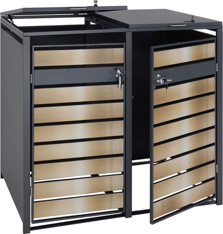 2 afvalemmerbehuizing MCW-J81, afvalemmerbox, uitbreidbaar, metaal 50kg, antraciet ~ goud