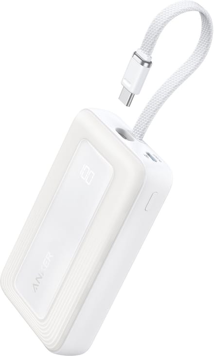 Anker Zolo Powerbank - 20.000mAh - 30W - Geïntegreerde USB-C Kabel - 1x USB-C & 1x USB-A Poort - Wit - Compact & Draagbaar Ontwerp