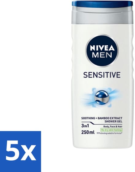 5 x Nivea - Men - Sensitive Douchegel - Hydraterend - 250 ml - Voordeelverpakking - 5 stuks