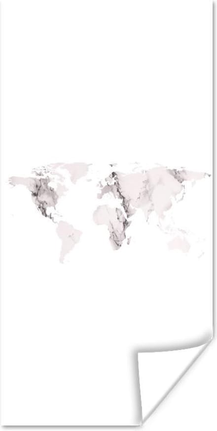 Wereldkaart Muur - Wereldkaart - Marmer - Wit - 40x80 cm - Poster