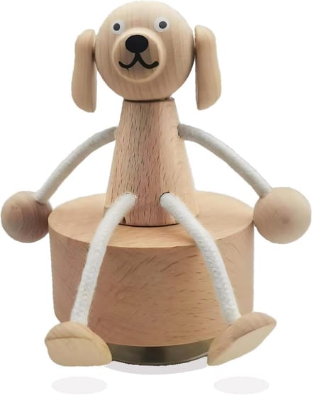 Houten Muziekdoos Hond - Grappig Beeldje - Cadeau Idee - Flexibele Houding - 7.5 x 7.5 x 12 cm