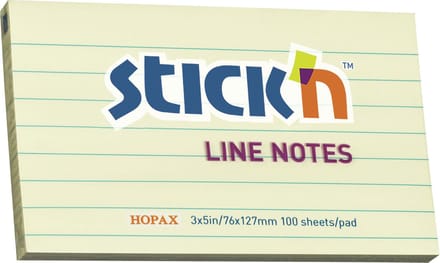 Stick'n sticky notes - 76x127mm - Gelinieerd - Pastel geel - 100 Memoblaadjes