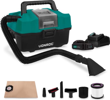 VONROC Compacte alleszuiger / stofzuiger - 20V - Incl. Diverse accessoires, 2x 2.0Ah accu en snellader