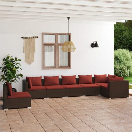 vidaXL - 7-delige - Loungeset - met - kussens - poly - rattan - bruin