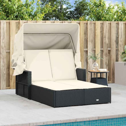 vidaXL - Ligbed - 2-persoons - met - luifel - en - kussens - poly - rattan - zwart