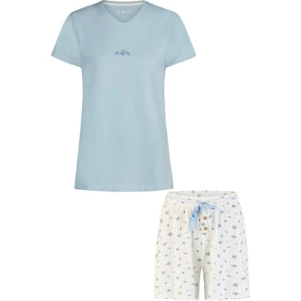 By Louise Dames Korte Pyjama Set Shortama Lichtblauw/Wit Gebloemd - Maat S