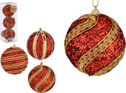 Krist+ gedecoreerde kerstballen - 3x stuks - rood/goud - kunststof - 8 cm