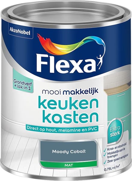 Flexa - Mooi Makkelijk Keukenkasten Mat - Moody Cobalt - Mengverf - 750 Ml