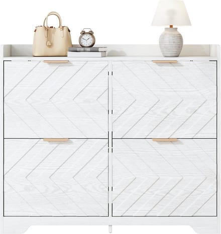 Clruro Schoenenkast - Met 4 Kleppen En 3D Front - Met Bovenblad - Hout - Wit