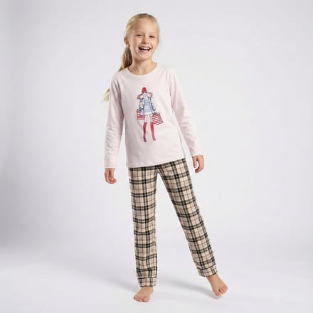 La-V pyjama set voor meisjes met geruite flanel broek Creme 116-122