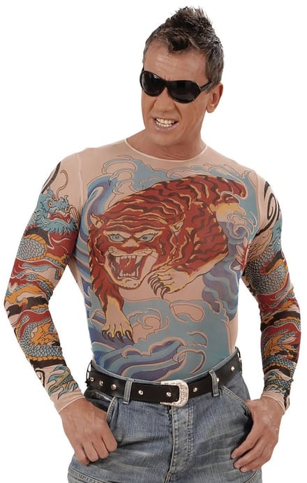 Widmann -Tattoo Shirt Tijger En Draak, Man - beige,multicolor - Medium / Large - Carnavalskleding - Verkleedkleding